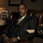 Sen. Clay Davis seated in worn leather armchair with vintage typewriter and framed photos.