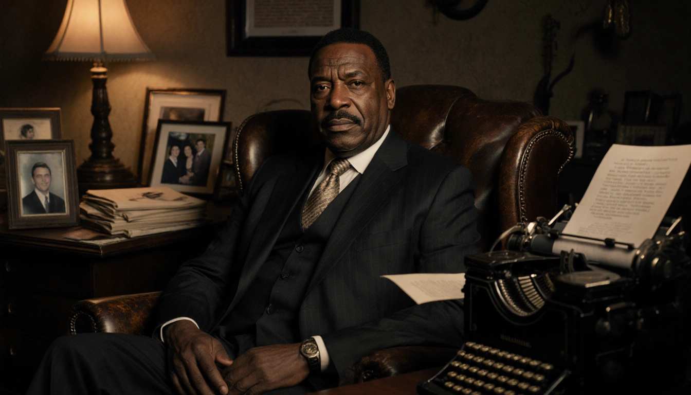 Sen. Clay Davis seated in worn leather armchair with vintage typewriter and framed photos.