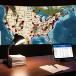 Wooden desk showing 2026 Senate election results feed tablet and old US map with red and blue marks in control room