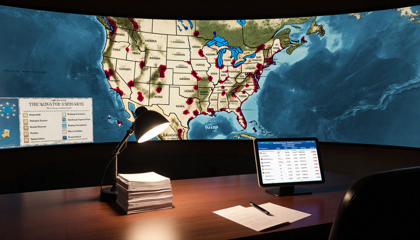 Wooden desk showing 2026 Senate election results feed tablet and old US map with red and blue marks in control room