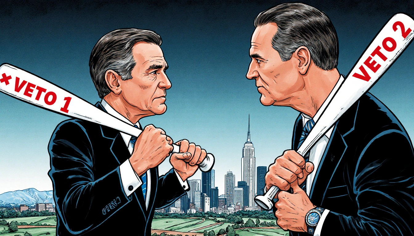 Sen. Michael Bennet brandishing bat Veto 1 faces Sen. Hickenlooper with bat Veto 2 against Denver skyline and rural backdrop.