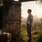 Casual person standing near a worn wooden gate with lush greenery and warm sunlight illuminating a serene expression