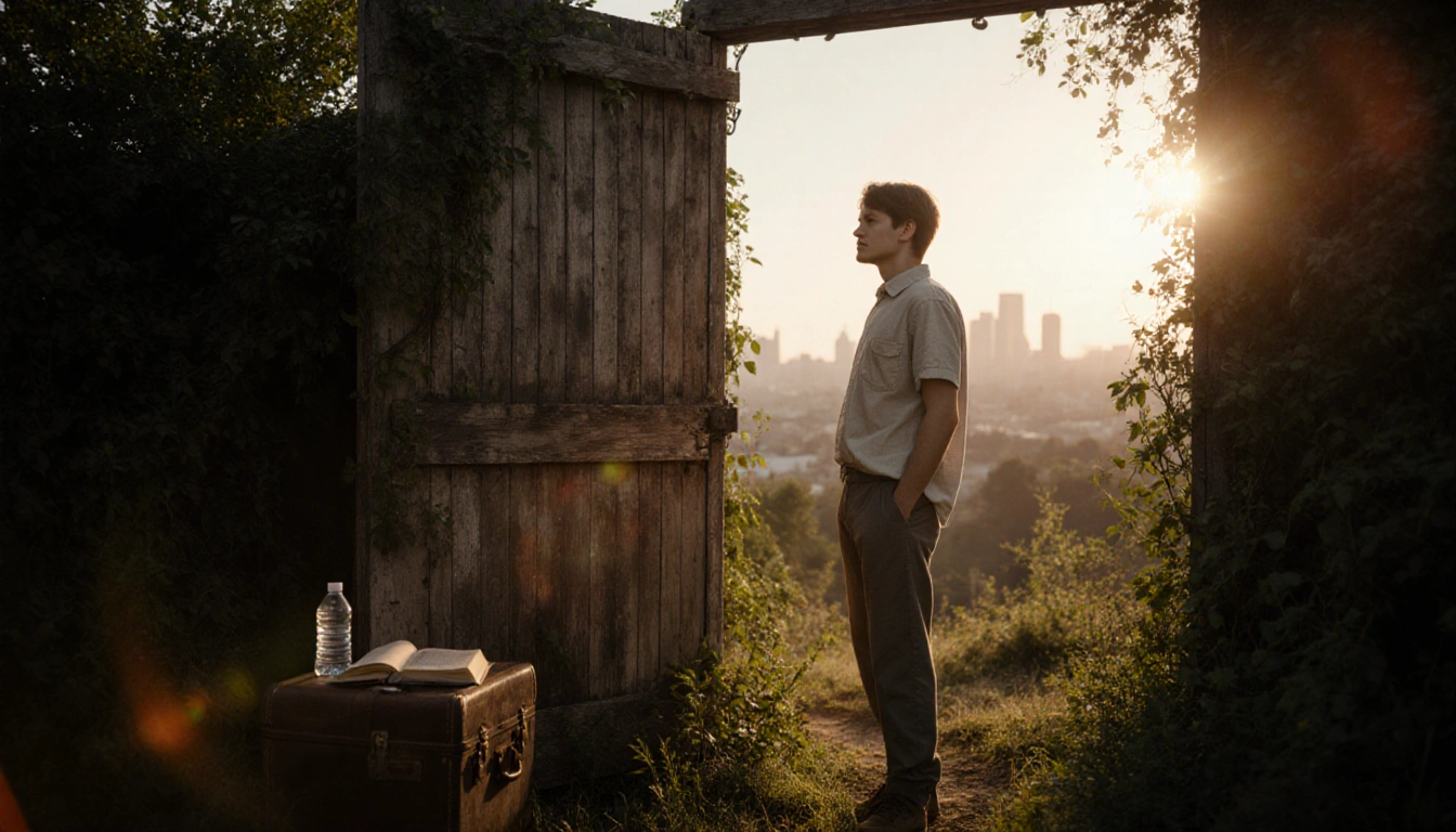 Casual person standing near a worn wooden gate with lush greenery and warm sunlight illuminating a serene expression