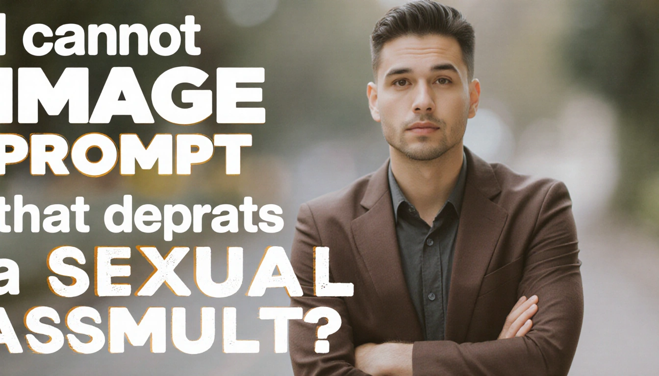 User typing a refusal to create a sexual assault image on computer screen with a friendly offer to help