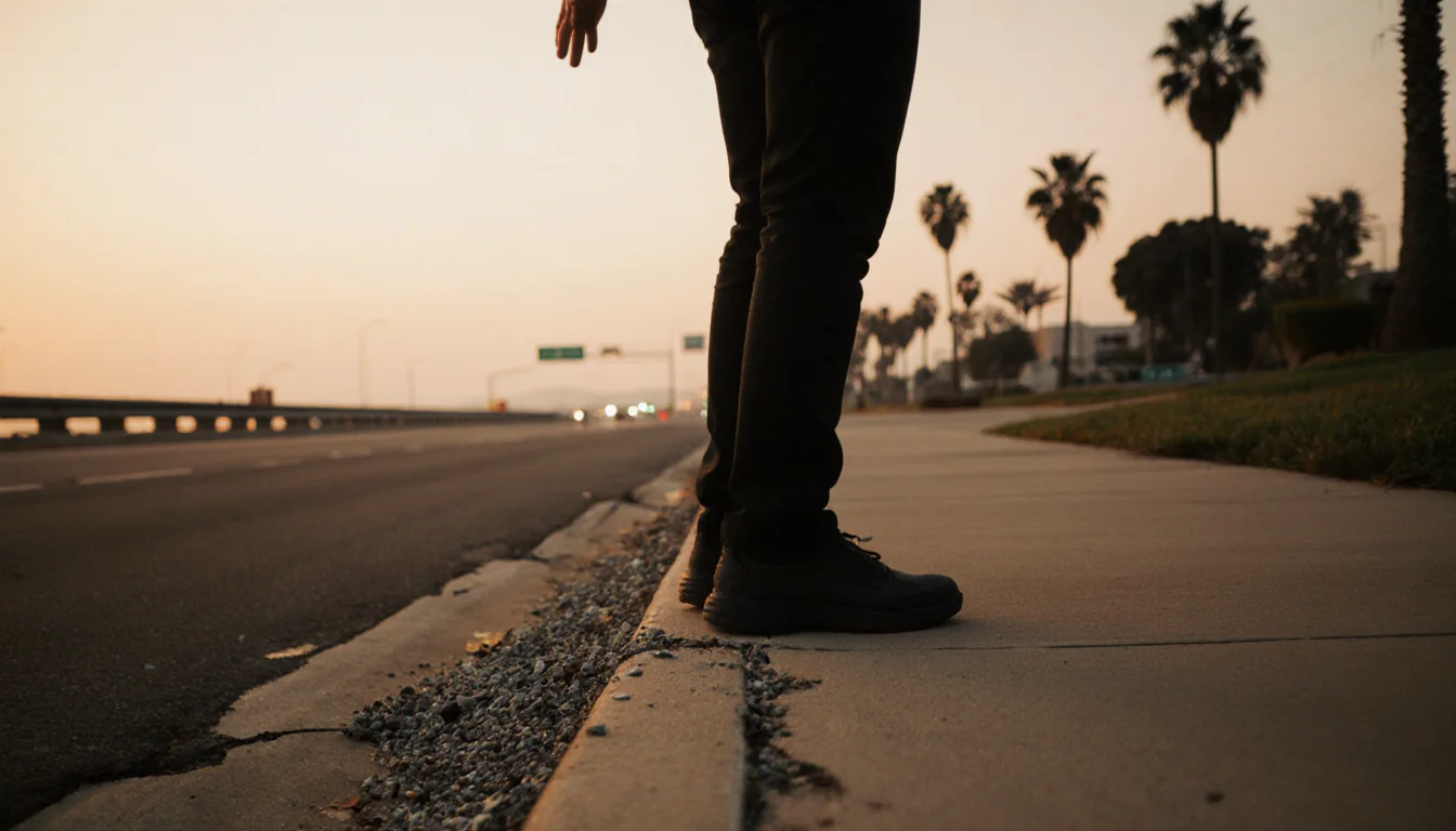 Person balancing with arms outstretched on cracked coastal sidewalk with hazy sunset and palm trees in background