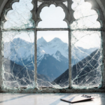 Shattered glass window reflects blurred Rocky Mountains with a discarded clipboard on the ground