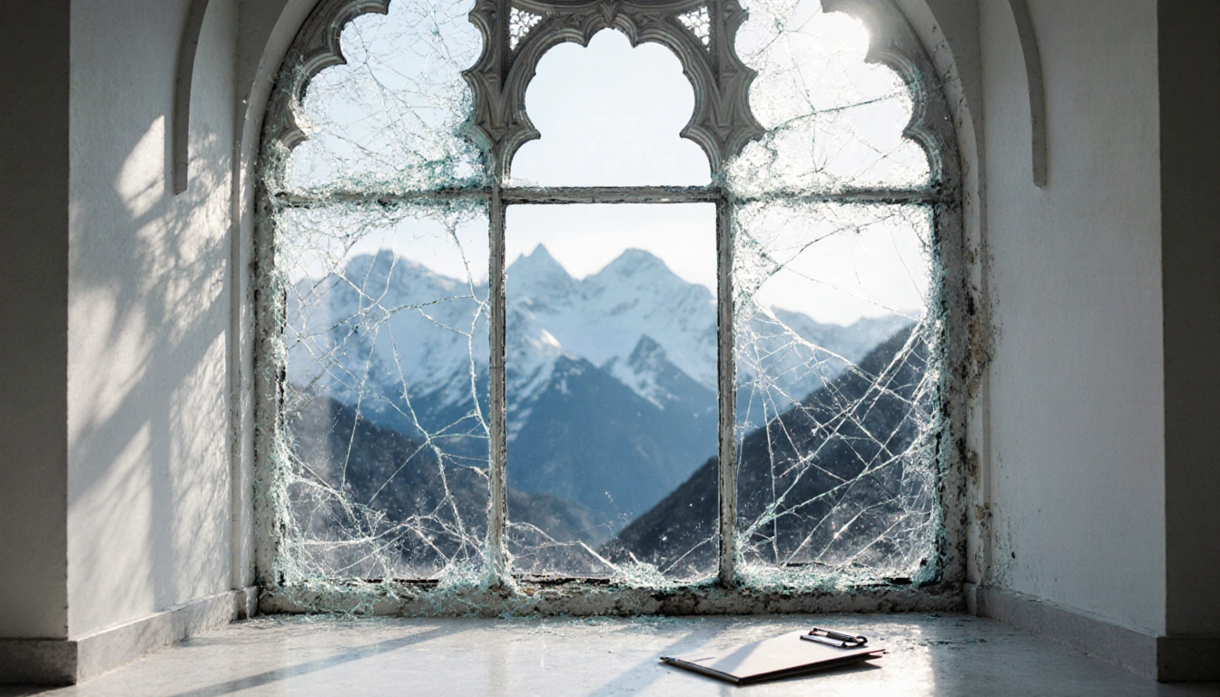 Shattered glass window reflects blurred Rocky Mountains with a discarded clipboard on the ground