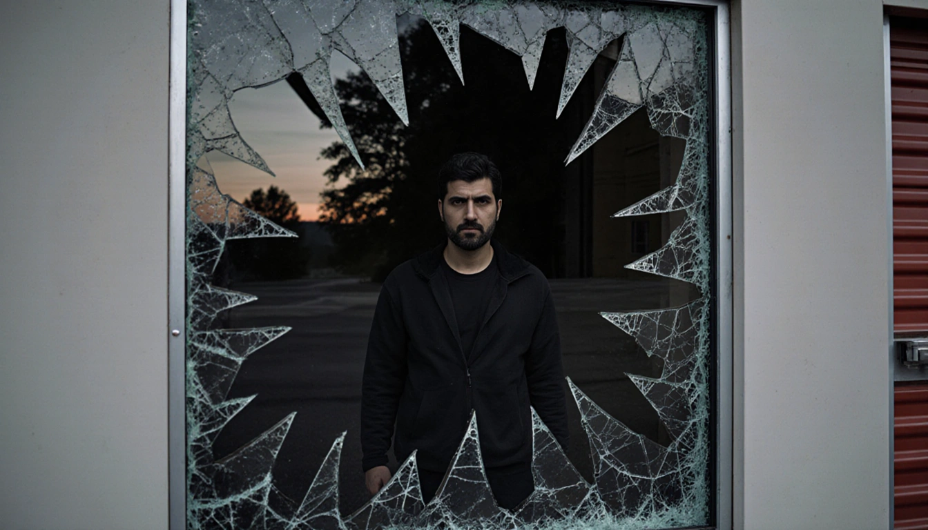 Claudio Manuel Neves Valente reflected in shattered windowpane with scattered glass and silhouetted New Hampshire trees