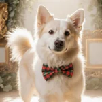 Shelter dog Ruffles stands proudly with a bow tie near a vintage backdrop of golden frames and lush greenery bathed in warm s