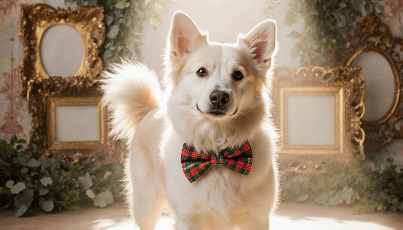 Shelter dog Ruffles stands proudly with a bow tie near a vintage backdrop of golden frames and lush greenery bathed in warm s