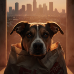 Shelter dog peeking from behind a worn pet food bag with Los Angeles cityscape and soft orange glow
