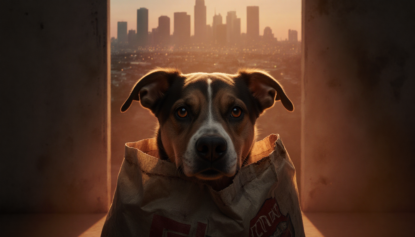 Shelter dog peeking from behind a worn pet food bag with Los Angeles cityscape and soft orange glow