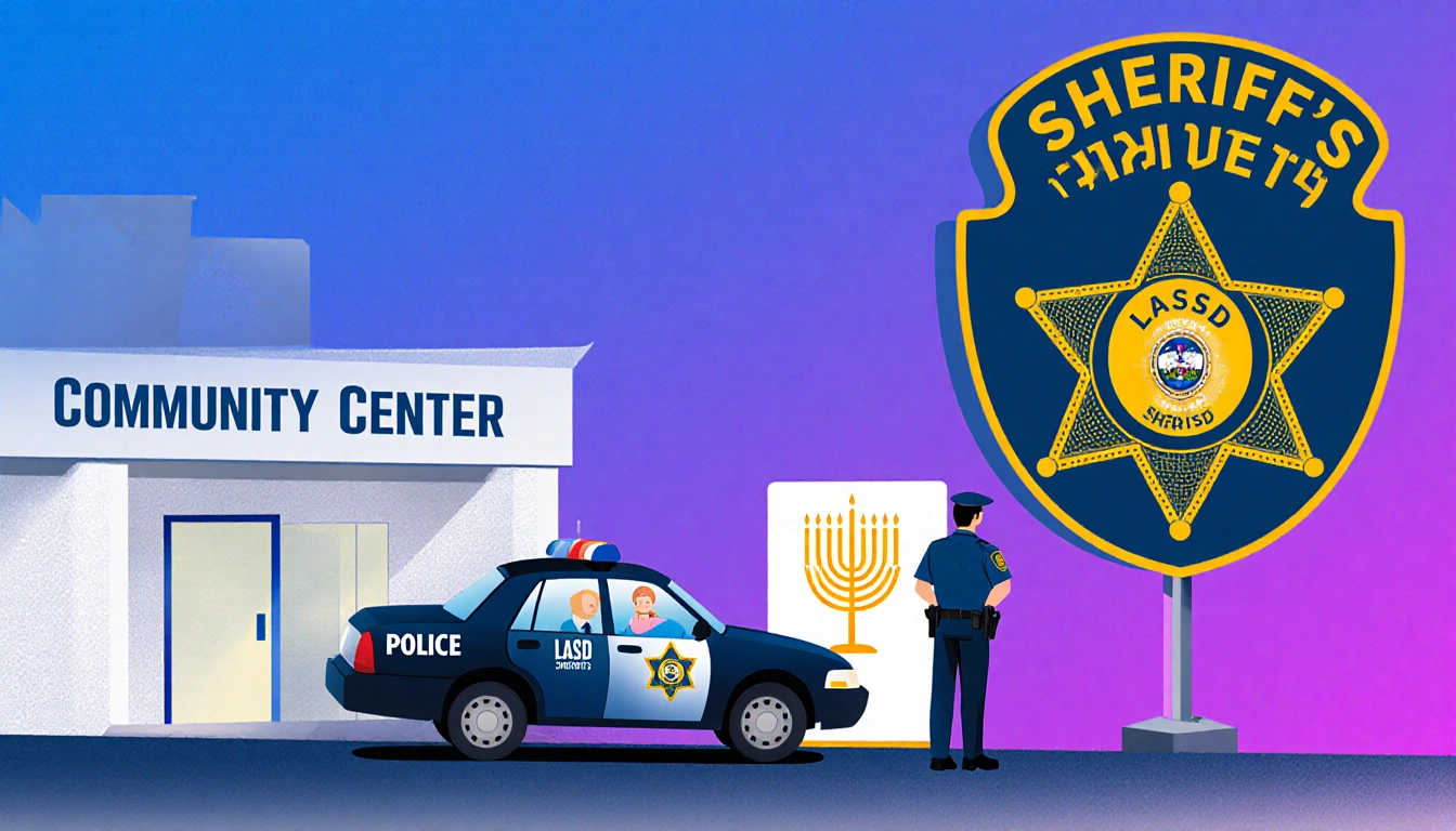 Officer stands beside patrol car with sheriff's badge and Hanukkah menorah near community center