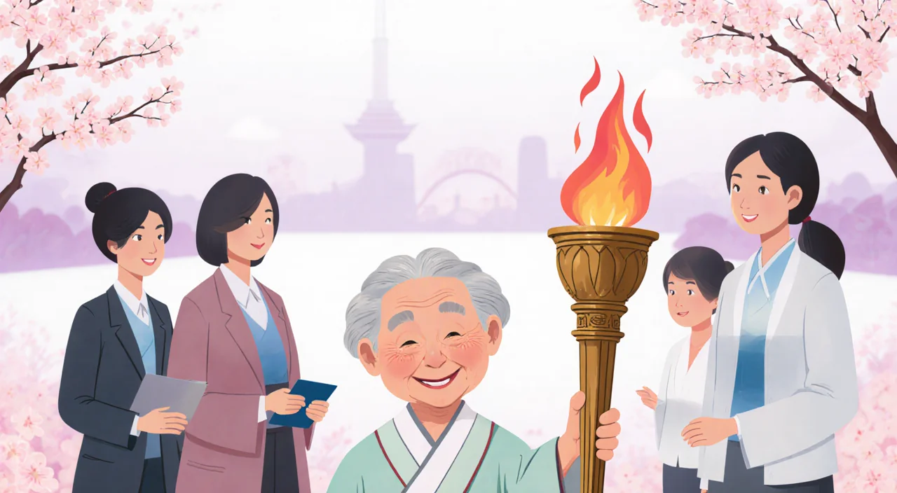 Shigeko Kagawa holding Olympic torch with cherry blossoms and traditional attire in Tokyo Olympics venue as elderly icon of p