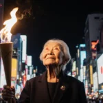 Shigeko Kagawa triumphantly holding Olympic torch with warm glow on her face and Tokyo skyline neon lights behind