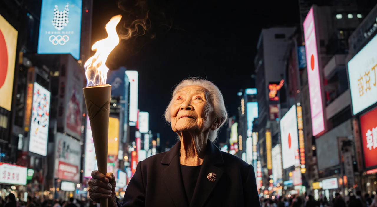 Shigeko Kagawa triumphantly holding Olympic torch with warm glow on her face and Tokyo skyline neon lights behind