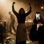 Shireen Afkari raises her arms with golden light illuminating a chaotic restaurant where staff flee and a bystander records