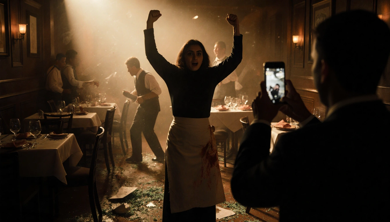 Shireen Afkari raises her arms with golden light illuminating a chaotic restaurant where staff flee and a bystander records