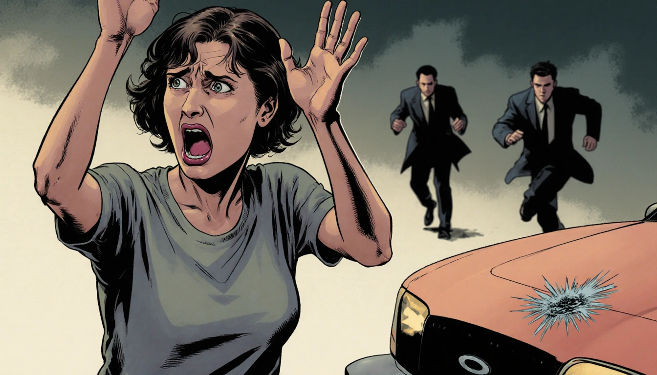 Shocked woman raising hands with getaway car dent and fleeing figures blurred behind