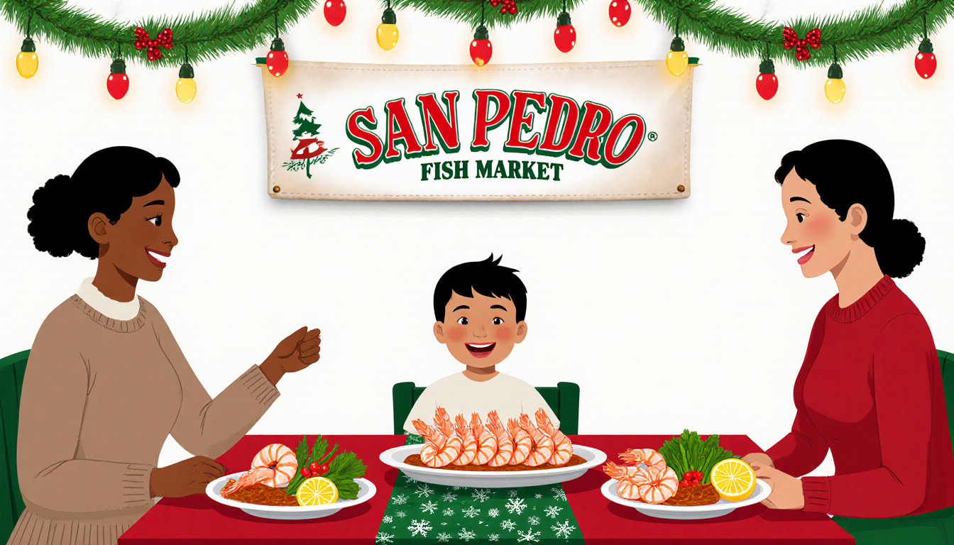 Family eating shrimp tray with child and parents smiling at festive table with Christmas lights and vegetables