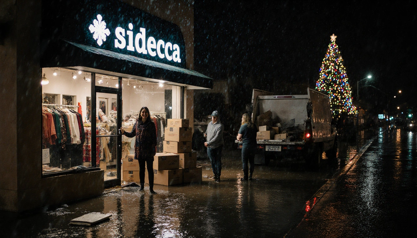 Adriana Molina smiles as she receives help from volunteers near the flooded storefront and a flickering Christmas tree