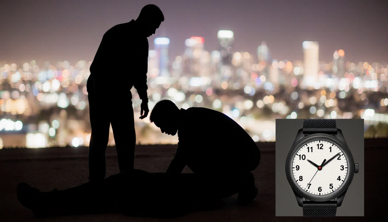 Silhouetted figure standing over fallen partner with Beach skyline and night clock in background