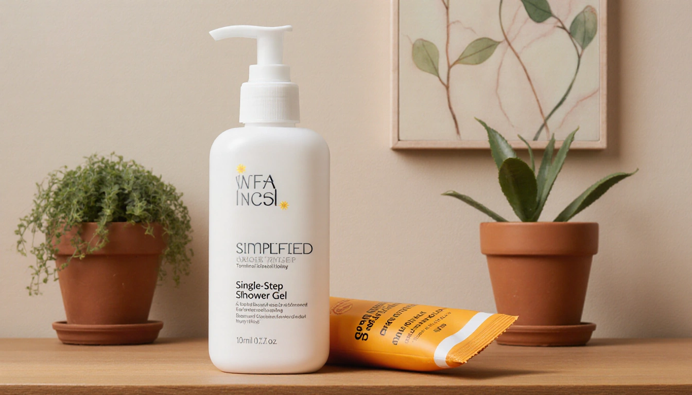 Shower gel sits on wooden countertop with broad-spectrum sunscreen beside it and potted plants simplified skincare routine