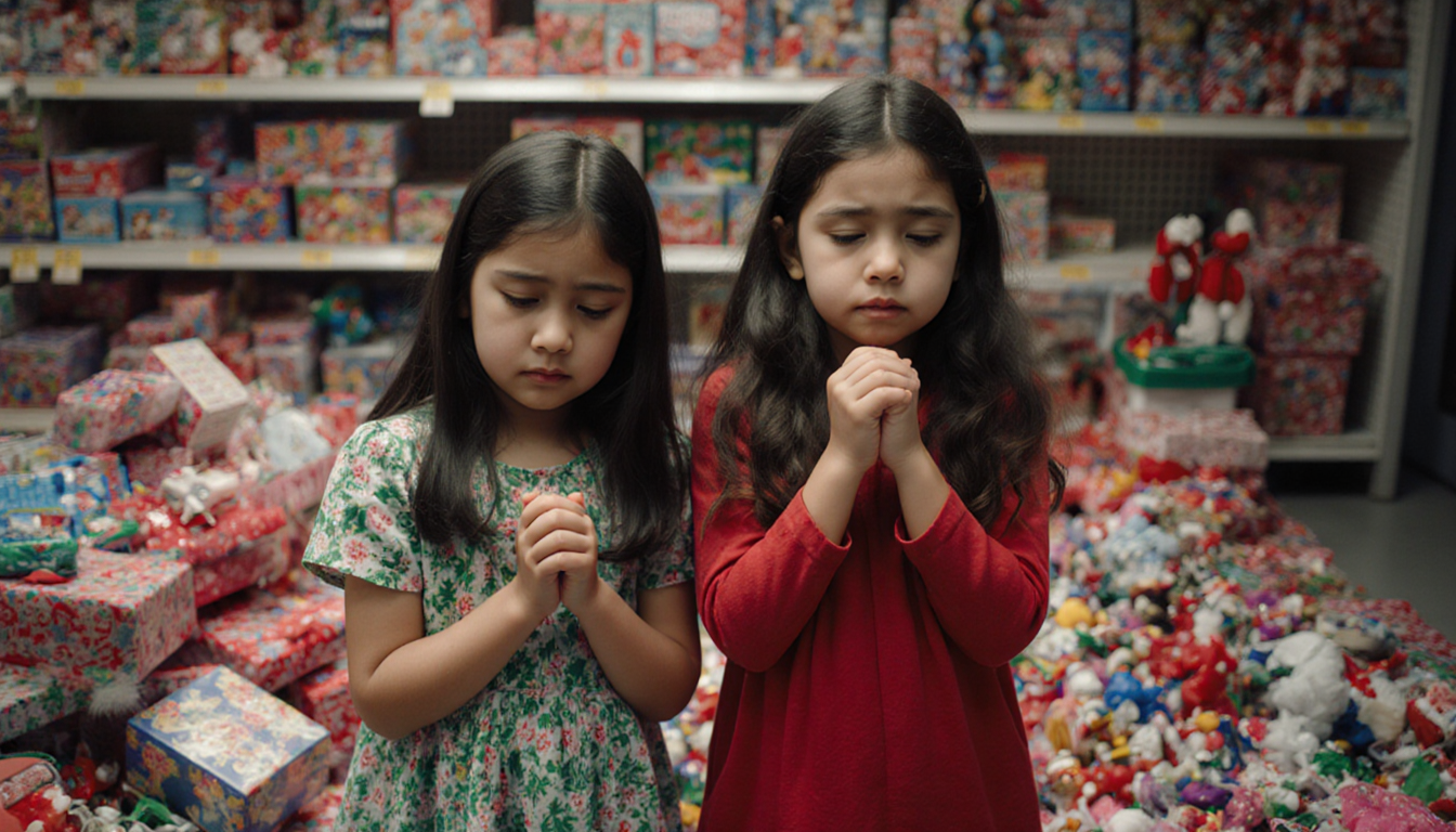 Two determined sisters stand side by side clutching hands with piles of unwrapped toys around them and a toy store backdrop
