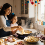 Sivan and her mother stir latke batter together with bright Hanukkah decorations and a warm kitchen glow
