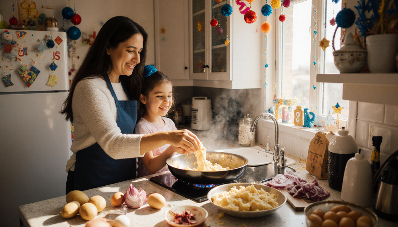Sivan and her mother stir latke batter together with bright Hanukkah decorations and a warm kitchen glow