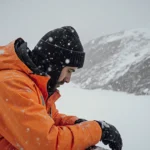 Somber ski patroller stands with gloved hand on railing and snowflakes falling over distant avalanche debris.