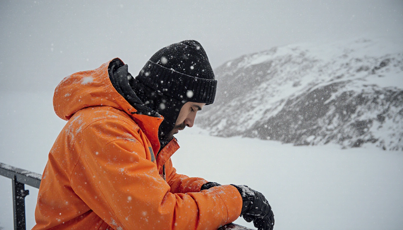 Somber ski patroller stands with gloved hand on railing and snowflakes falling over distant avalanche debris.