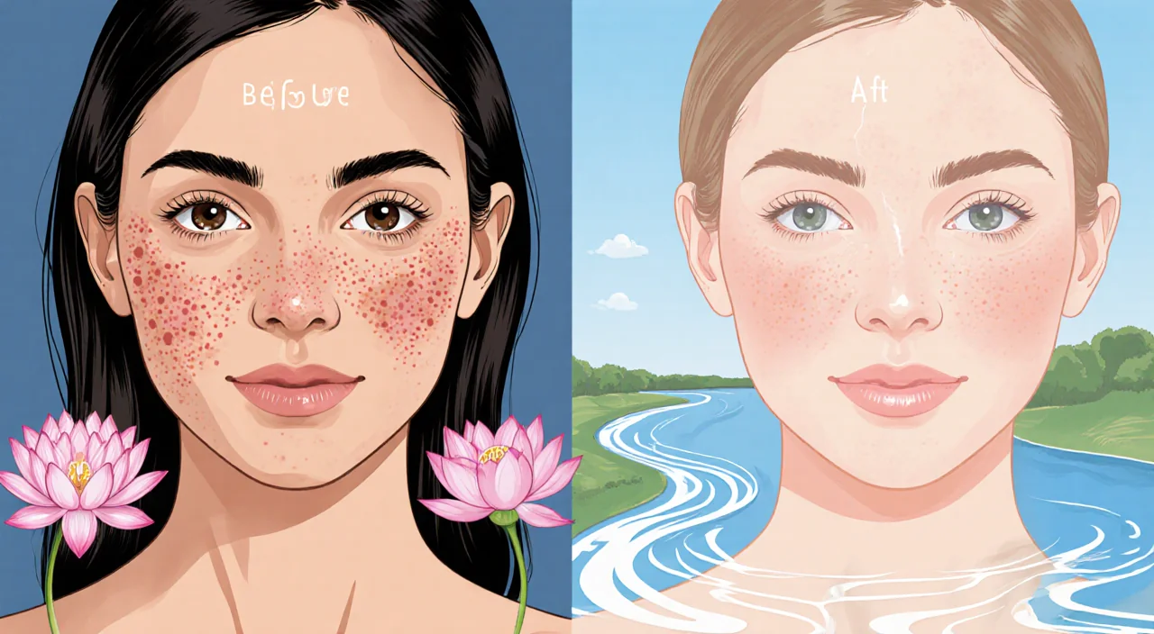 Woman's face split into before dull acne and after radiant skin with blooming lotus.