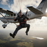 Skydiver Adrian Ferguson hanging with reserve parachute tangled around tail of a Cessna Caravan in flight