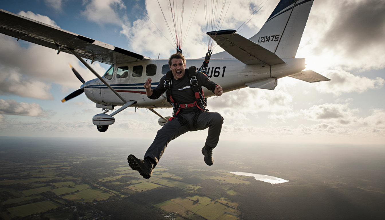 Skydiver Adrian Ferguson hanging with reserve parachute tangled around tail of a Cessna Caravan in flight