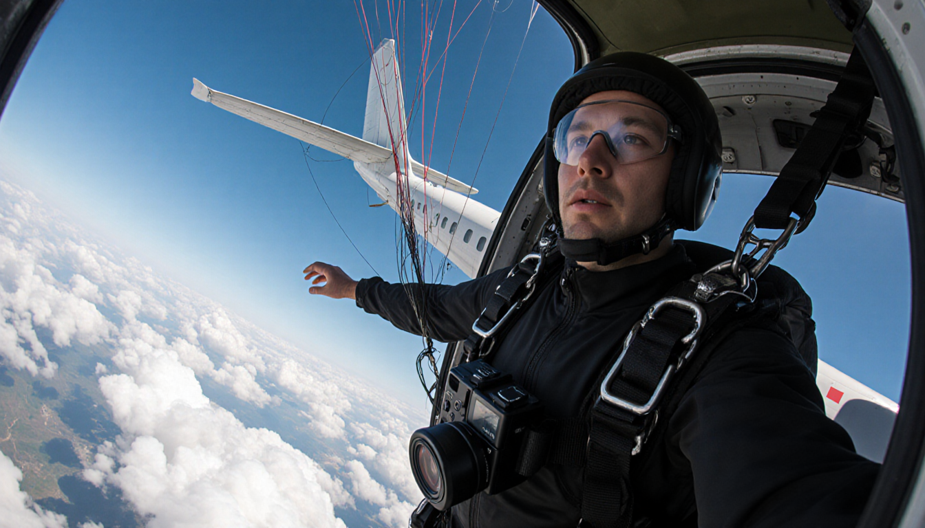 Skydiver standing in aircraft door with parachute tangled around tail and camera rig capturing jump against clear blue sky.
