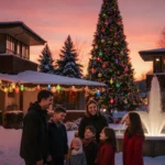 Children laughing around a decorated Christmas tree with snow‑covered fountain and sunset sky.