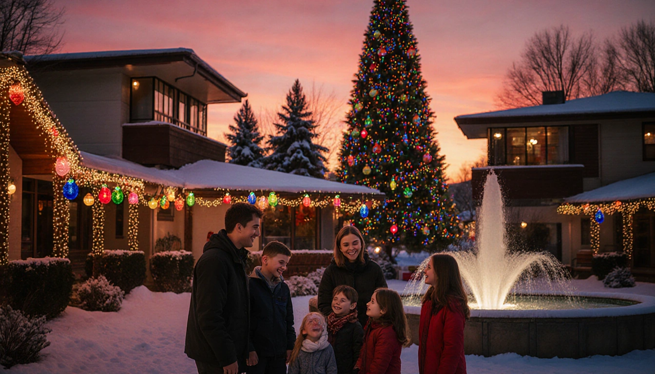 Children laughing around a decorated Christmas tree with snow‑covered fountain and sunset sky.