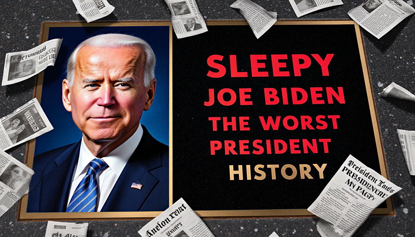 Mock plaque displaying red slogans like Sleepy Joe Biden with dark newspaper headlines in background