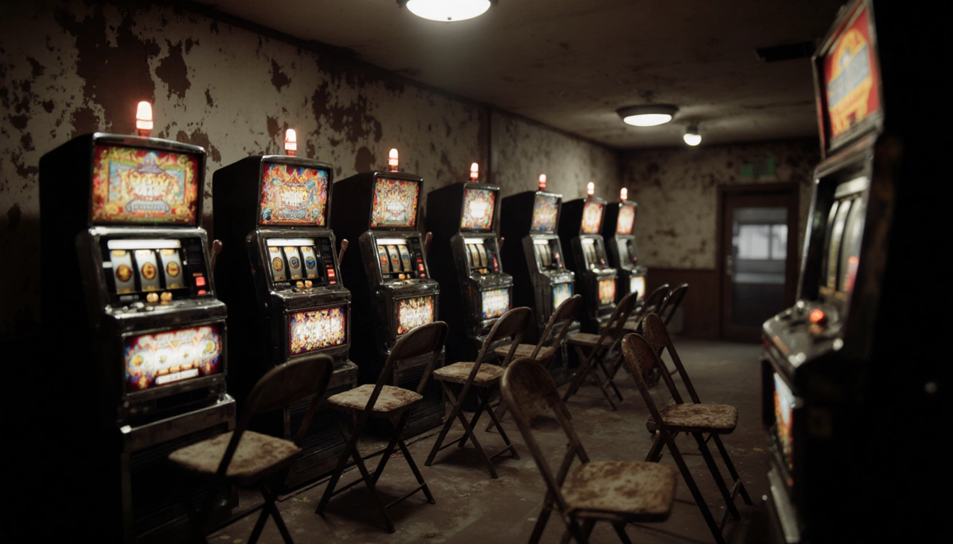 Slot machines powering up with worn folding chairs around them in a dimly lit room with flickering lights