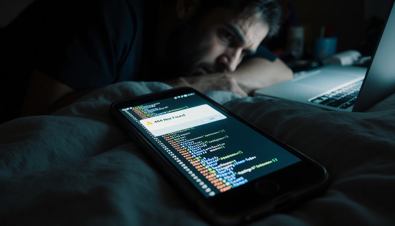Phone screen flickers 404 error with code snippets on bedside table near blurred concerned figure