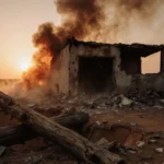 Smoldering hut crumbling with orange sunset and massive crater in desert