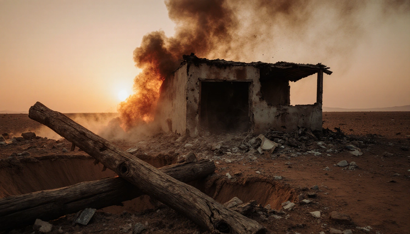 Smoldering hut crumbling with orange sunset and massive crater in desert