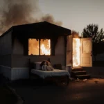 Smoldering mobile home with flames licking shattered window and two dolls staring from bed.