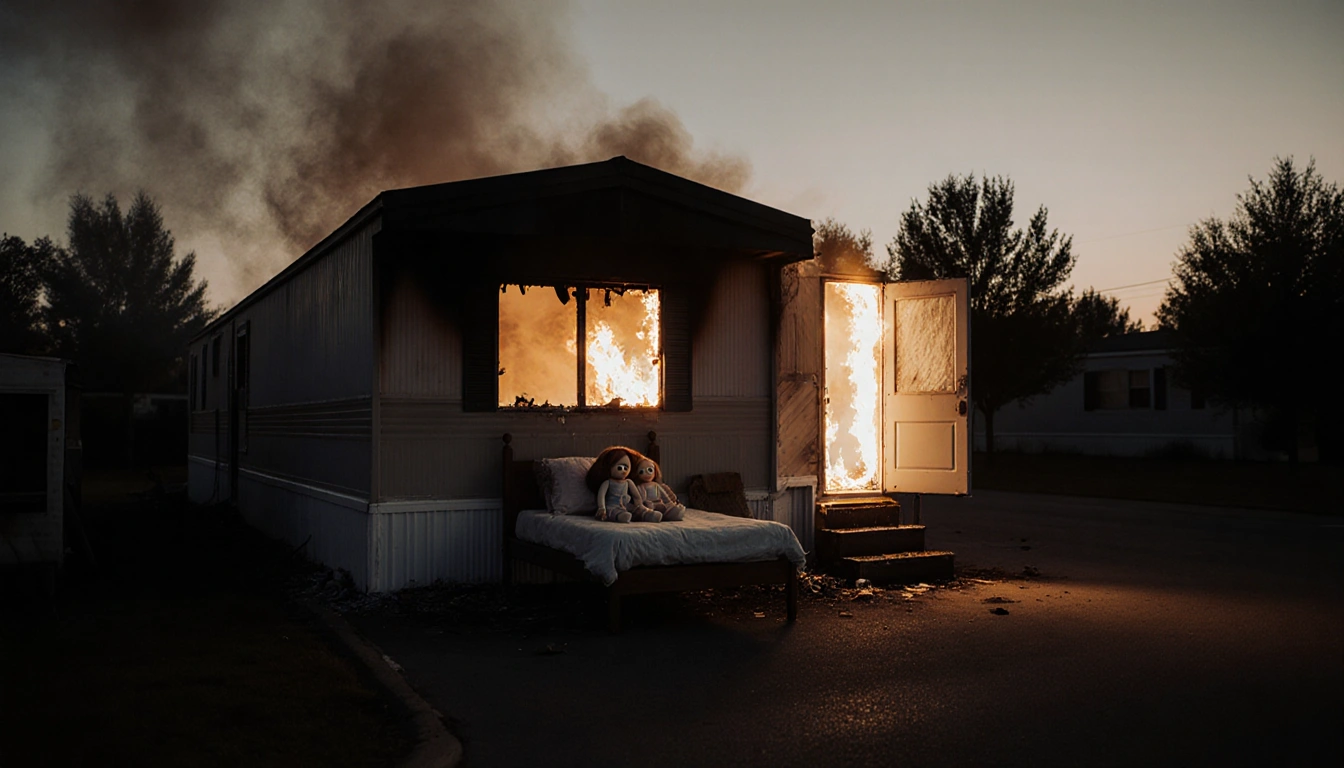 Smoldering mobile home with flames licking shattered window and two dolls staring from bed.