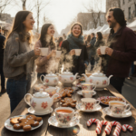 Friends laughing while holding steaming tea mugs with gingerbread treats on wooden table at Smorgasburg LA