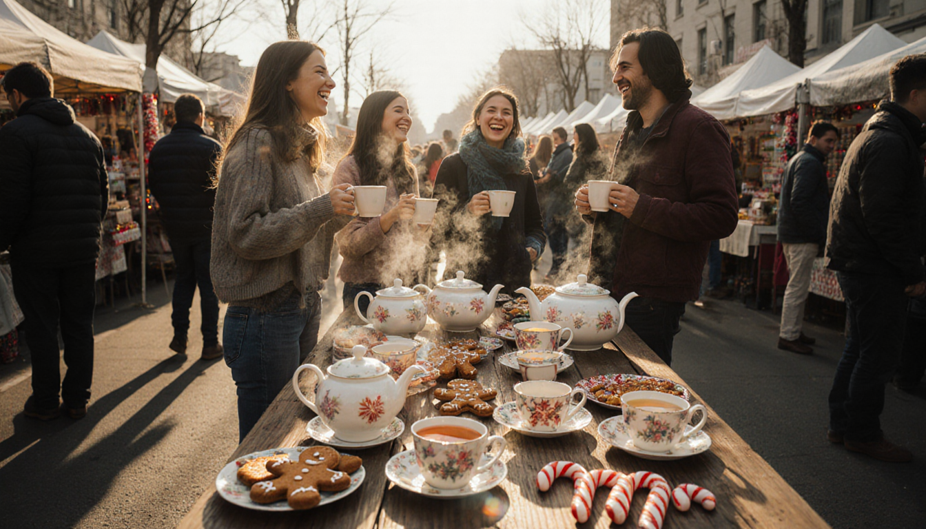 Friends laughing while holding steaming tea mugs with gingerbread treats on wooden table at Smorgasburg LA