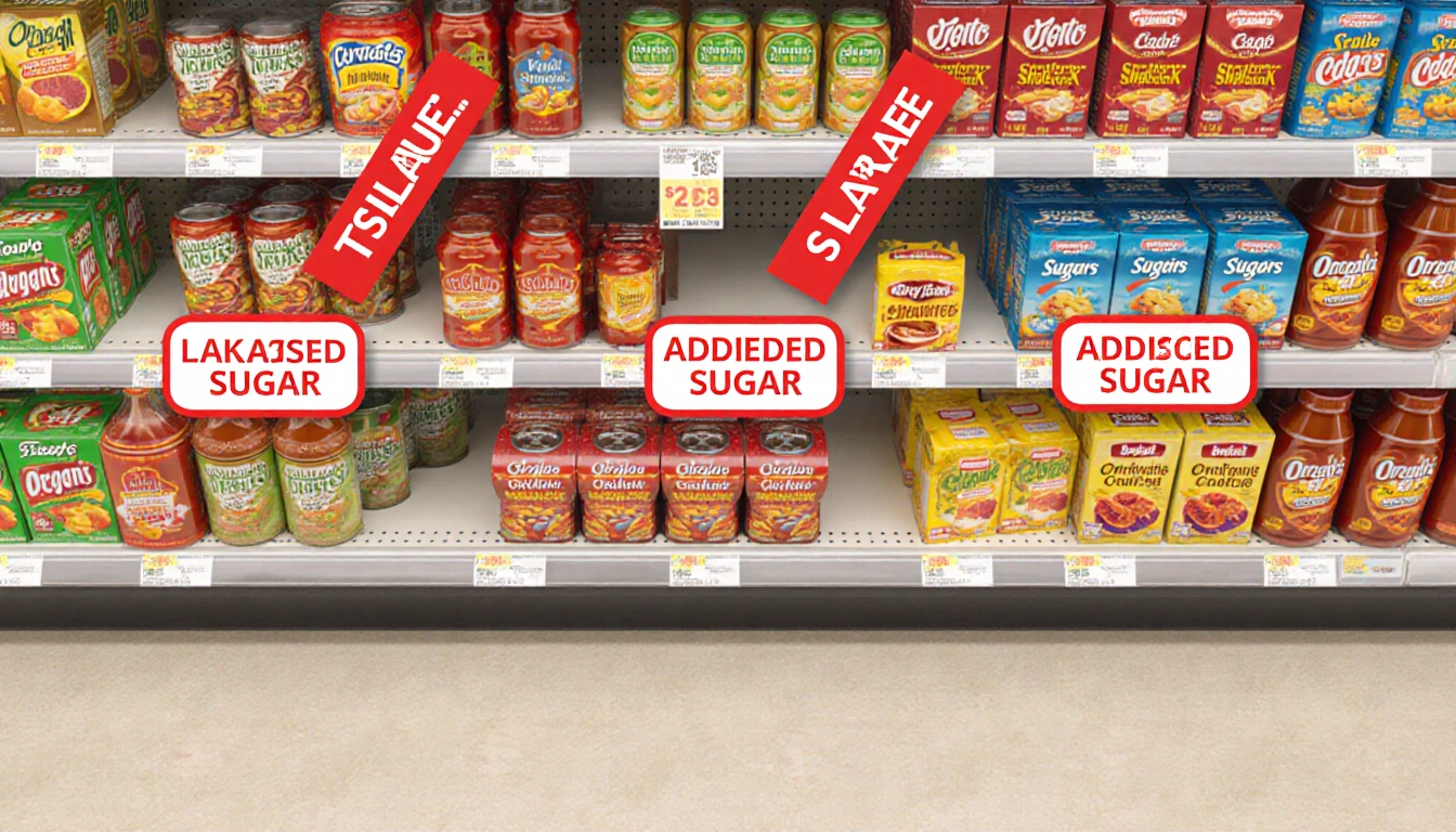 Overhead view of snack shelf with highlighted products showing added sugar labels and red flag markers on unlabeled items.