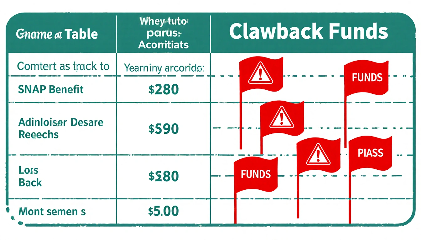 Illustrated table shows SNAP benefit with clawback column where red flags pull back into the table for fiscal accountability.