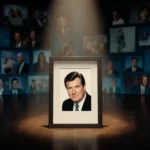 Spotlight illuminating a framed photo of Chevy Chase with warm glow and blurred SNL hosts in background